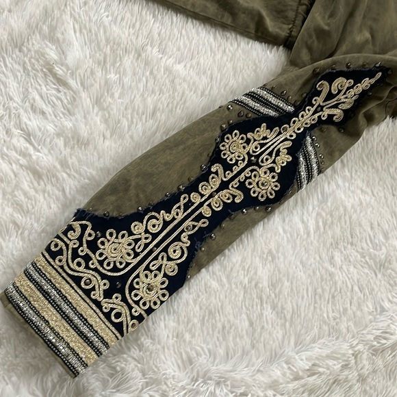 Free People Golden Quills Military Green Long Utility Coat Embroidered medium - Picture 7 of 14